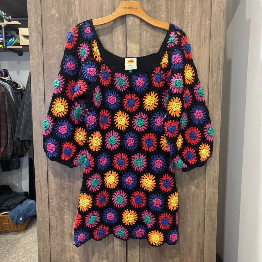 Farm Rio Black Flower Crochet Dress large - Picture 1 of 11